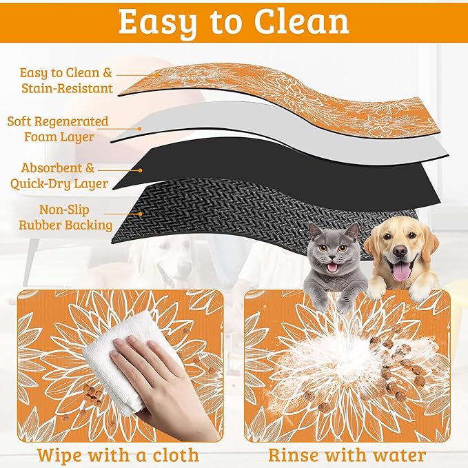 Retro Geometric Aesthetic Dog Food Mat,Orange Absorbent Pet Feeding Mat for Food and Water Bowl,Quick Dry Dog Placemat Non Slip Rubber Backing Waterproof Pet Supplies 12" x 20"