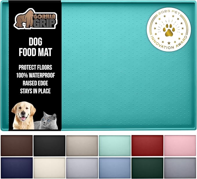 GORILLA GRIP 100% Waterproof Raised Edge BPA Free Silicone Pet Feeding Mat, Dog Cat Food Mats Contain Spills Protects Floors Placemats for Cats and Dogs Water Bowl Pets Accessories 18.5x11.5 Turquoise