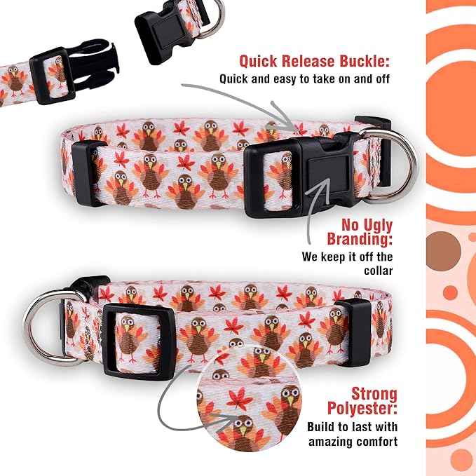 Native Pup Thanksgiving Dog Collar- Fall Collars for Dogs- Autumn Leaf, Turkey, Pumpkin Pie, Holiday Leaves- Girl Boy Puppy- Adjustable for Small, Medium, Large Breeds (Turkey, Small)