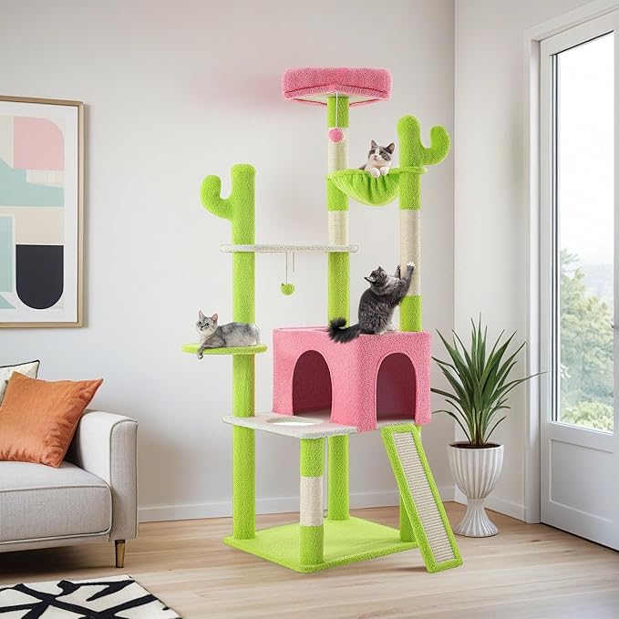 DWVO 68" Tall Cactus Cat Tree: Cats Tower with Sisal Scratching Posts, Kittens Hideout Pet House - Multi-Level Indoor Activity Center for Climbing Play, Green & Pink