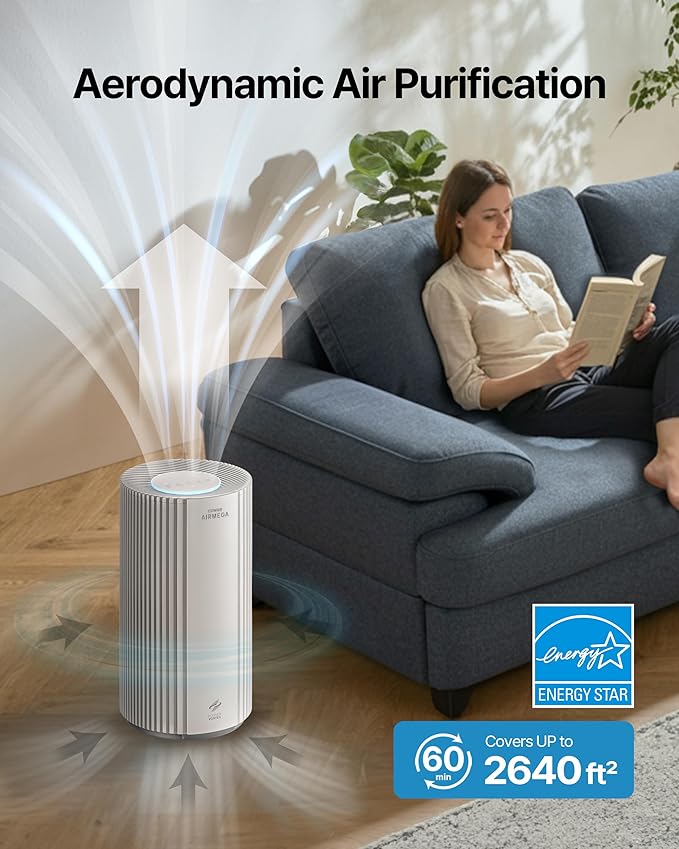 COWAY Air Purifier for Large Room Whole Home Up to 2,640 ft², HEPA Filter for Smoke, Allergen, Pet Dander, Odor, PM 10 AQI, Turbo Eco Mode, Timer, Energy Star, 3yr Warranty, Airmega 350 Beige