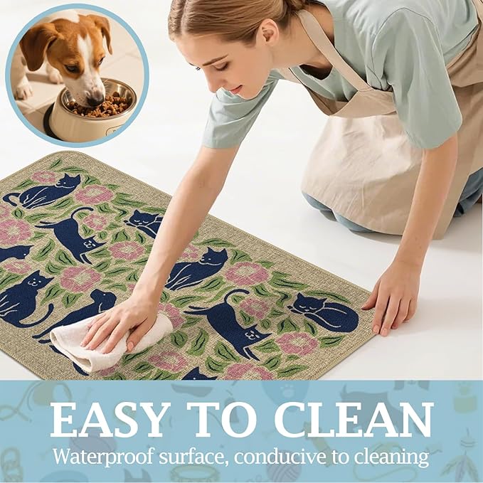 SHIYUE Dog Food Mats for Floors, Absorbent Cat Bowl for Food and Water, Non-Slip Accessories Pet Supplies(12"x20",Beige Animal Flower)