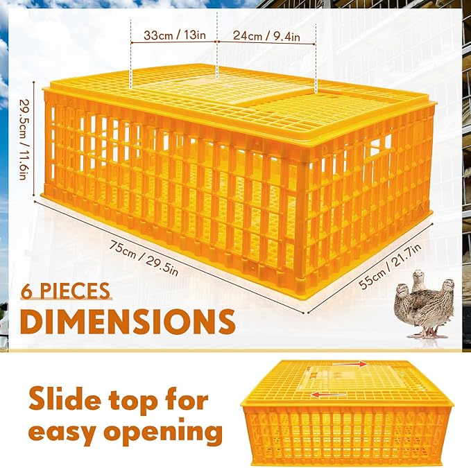 Sintuff Poultry Carrier Crate Plastic Chicken Transport Cage Bird Carriers Chickens Carrier Travel Crate Basket Box for Poultry Chicken Bird Duck Goose, 29.5 x 21.7 x 11.6 Inch(6 Pcs)