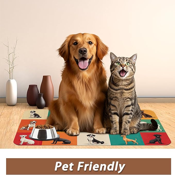 Cute Dog Cat Food Mat,Absorbent Pet Feeding Mat for Food and Water,Non-Slip Dog Bowl Mats Floor Protector 12"x20"