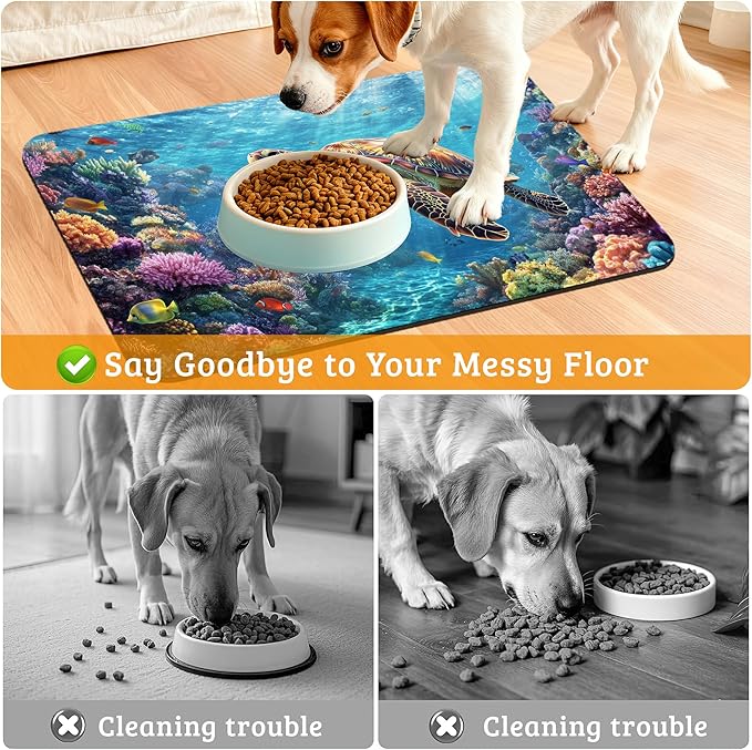 Sea Turtle Dog Cat Food Mat,Colorful Coral Absorbent Waterproof Placemat for Food and Water Non Slip Rubber Backing Durable Feeding Pad for Clean Floors 16" x 24"