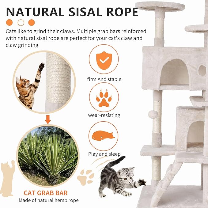 Cat Tree for Indoor Cats, Multi-Level Cat Tower with Scratching Posts & Cozy Condo, Space Saving Cat Activity Center, Durable Pet Play House (54in,Beige)
