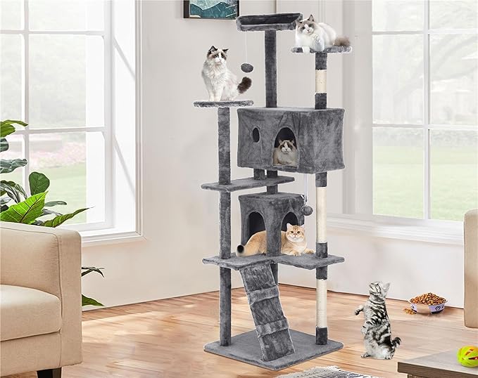 Heavy Duty Cat Tree Tower, 70" Tall Cat Tower for Indoor Cats with Cat Scratching Post with Bed, Cat Condo, Hanging Ball, Multi-Level Cat Climbing Tower Cat Trees Furniture Activity Center, Ashy
