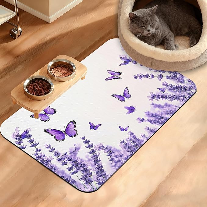 Pet Feeding Mat,Lavender Butterfly Absorbent Dog Cat Food Mat Purple Dog Mat with Rubber Backing,Non-Slip Water Bowl Placemat,Pet Supplies 16" x 24"