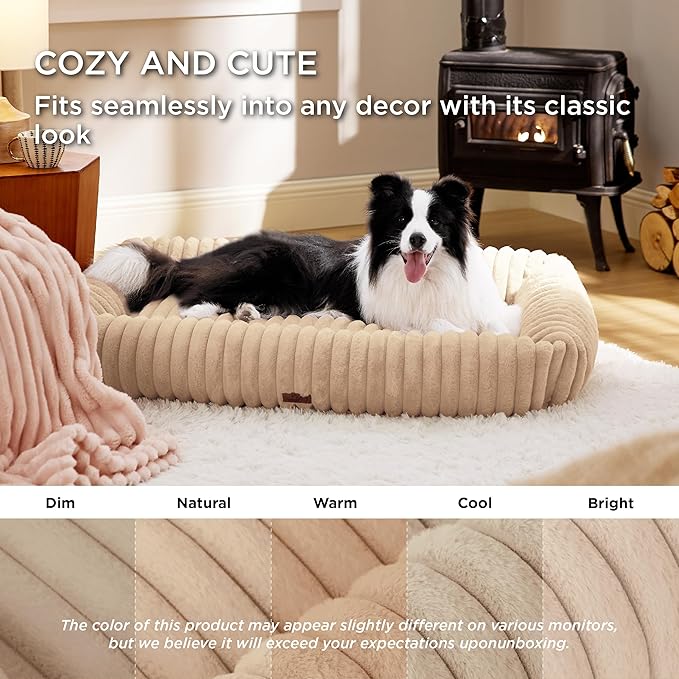 Bedsure ComfyFleece™ Washable Dog Bed for Medium Dogs - Cute Furry Puppy Beds, Rectangle Orthopedic Corduroy Fleece Pet Beds with Removable Zipper Cover, 43x30x8inches, Sandy Beige