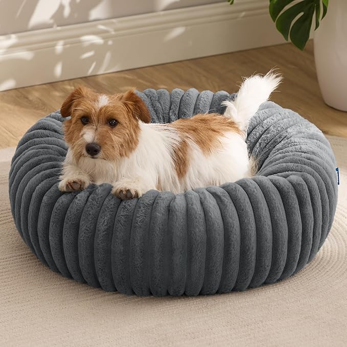 Bedsure ComfyFleece™ Donut Small Dog Bed - Dog Beds for Small Dogs with Corduroy Fleece & Anti Slip Bottom, Round Faux Fur Pet Beds with Washable Removable Cover, Warm Grey, 27x27x8 inches
