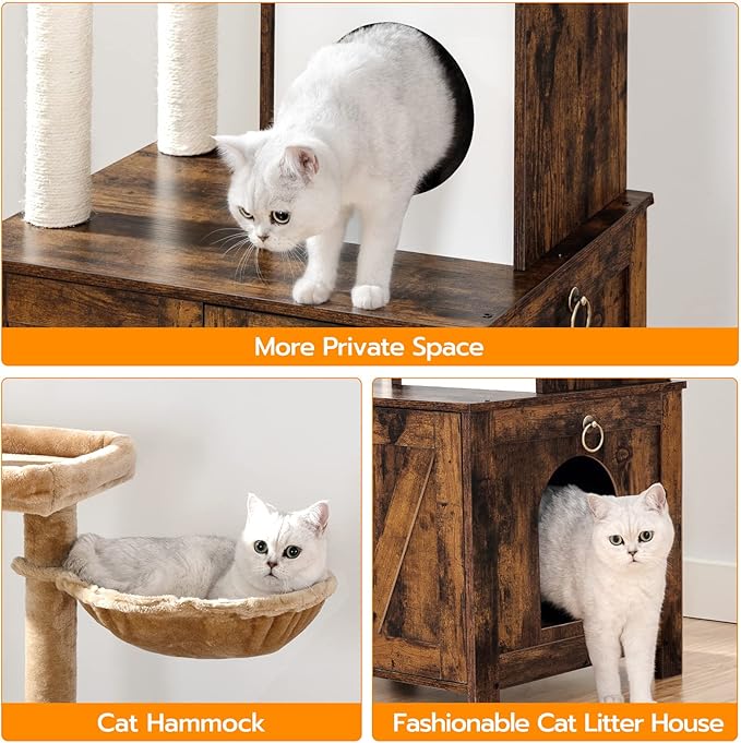 HOOBRO Cat Tree with Litter Box Enclosure for Indoor, Wooden Cat Condo with Scratching Posts, Hidden Litter Box Furniture, All-in-One Cat House, Rustic Brown FG15MZ03