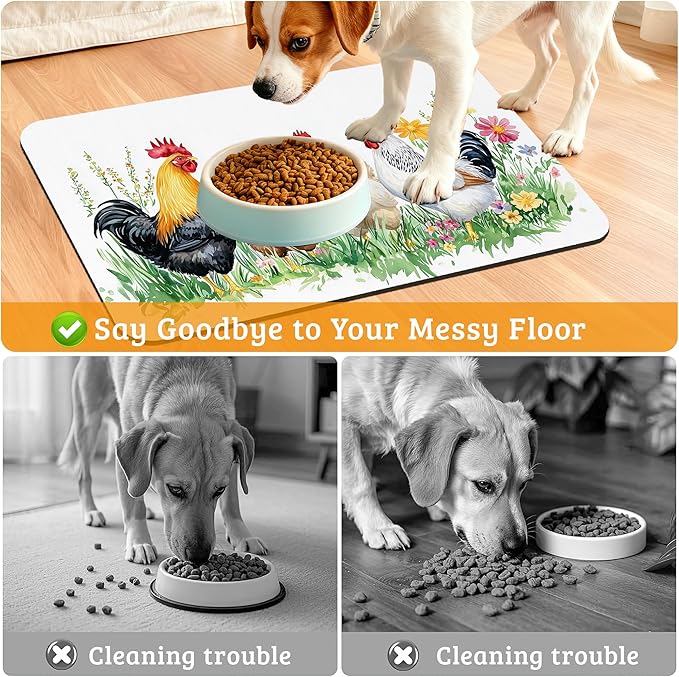 Chicken Rooster Dog Cat Food Mat,Green Grass Absorbent Waterproof Placemat for Food and Water Non Slip Rubber Backing Durable Feeding Pad for Clean Floors 12" x 20"