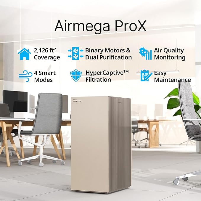 COWAY Air Purifiers for Large Room Whole Home Up to 4,253ft², 2 Sets of XL Washable Pre-Filters and HEPA Filters for Dual Purification, AQI, Turbo Mode, Timer, Wheels, 5yr Warranty, ProX(B)