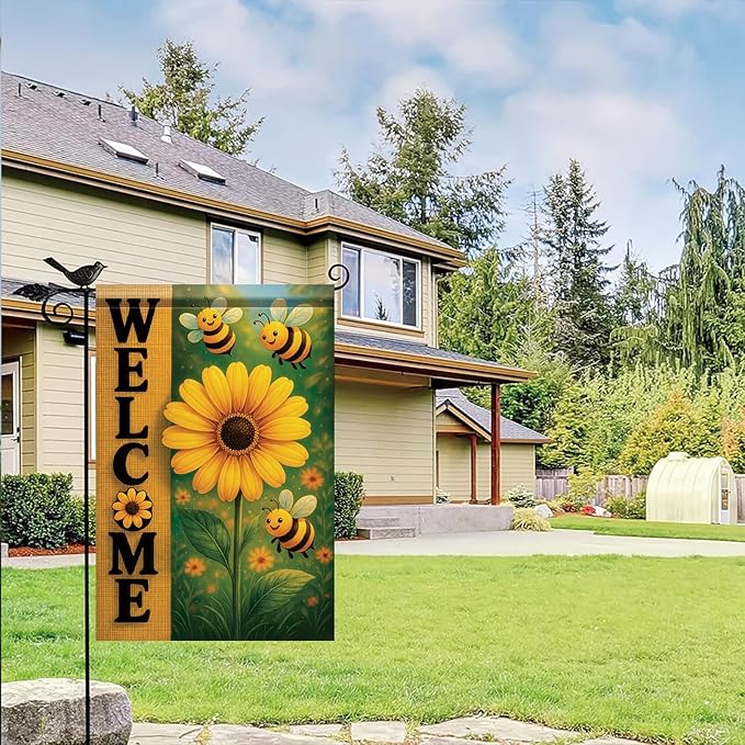 Spring Summer Garden Flag Bee Sunflower Flag 12x18 Inch Double-Sided Cute Welcome Yard Banner Floral Outdoor Decor for Porch Lawn Pathway Cottage Farmhouse Gift