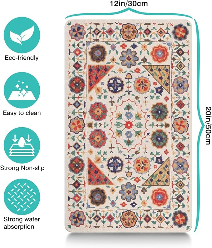 Moroccan Trellis Dog Food & Water Mat, Boho Colorful Vintage Pet Feeding Mat for Floor Non-Slip Waterproof, Super Absorbent Cat Bowl Mat, Easy to Clean Durable Pet Placemat,12" × 20"