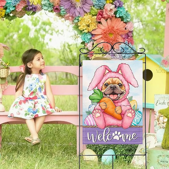 Artofy Welcome Easter Bunny Dog Large Decorative House Flag, French Bulldog Rabbit Yard Garden Outside Decor Pet Owner Lover Gift, Spring Carrot Egg Burlap Outdoor Home Decoration Double Sided 28 x 40