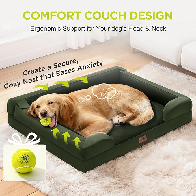 Extra Large Dog Bed, Orthopedic XL Washable Bed for Big Dog Waterproof Pet Couch Sofa Bolster with Removable Cover, Non-Slip Bottom, Tennis Ball Toy, 42x30