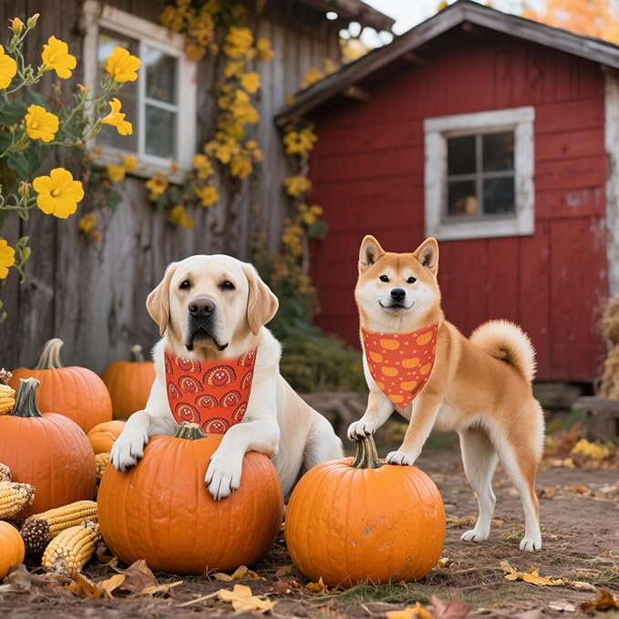 ADOGGYGO Thanksgiving Dog Bandanas 2 Pack, Reversible Pumpkin Turkey Pet Scarf, Premium Fabric, Adjustable Fit Orange Thanksgiving Bandanas for Medium Large Dogs (Large)