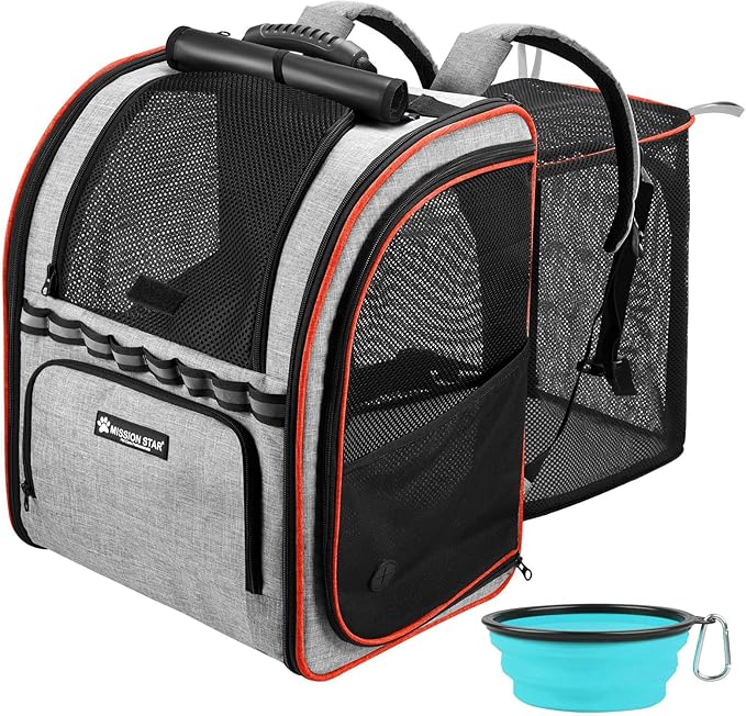 Expandable Cat Carrier Backpacks with Breathable Mesh, Pet Carrier Backpack for Cats Small Dogs Puppies Up to 20 Lbs, Dog Carrier Backpack Great for Travel/Hiking/Camping/Outdoor-Grey with Orange