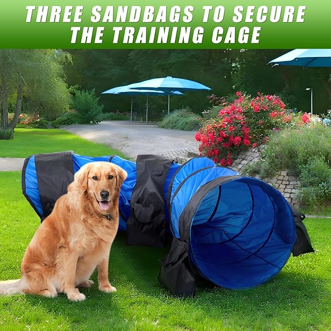 28 in 10 Foot Blue Extra Large Dog Agility Tunnel with Sandbags Dogs Agility Training Equipment Tunnel with 3 Pack Sandbags Carry Bag and 4 Ground Spikes for All Medium and Large Dogs