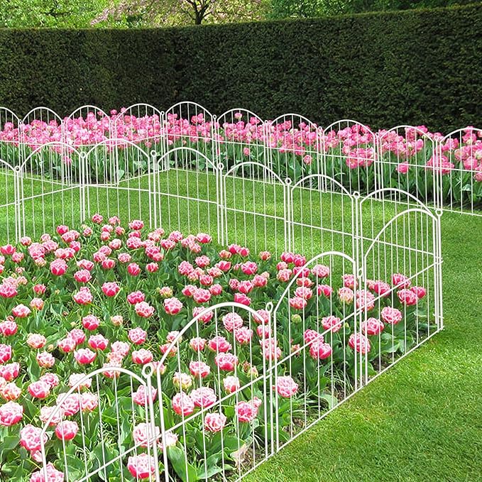 Decorative Garden Fence 17in x30ft, 30 Pack Rustproof Metal No Dig Fence Animal Barrier for Dog, Arched Flower Bed Edging Ornamental Wire Border Panel Fencing (White, 30 Panels-17in(H) x30ft(L))