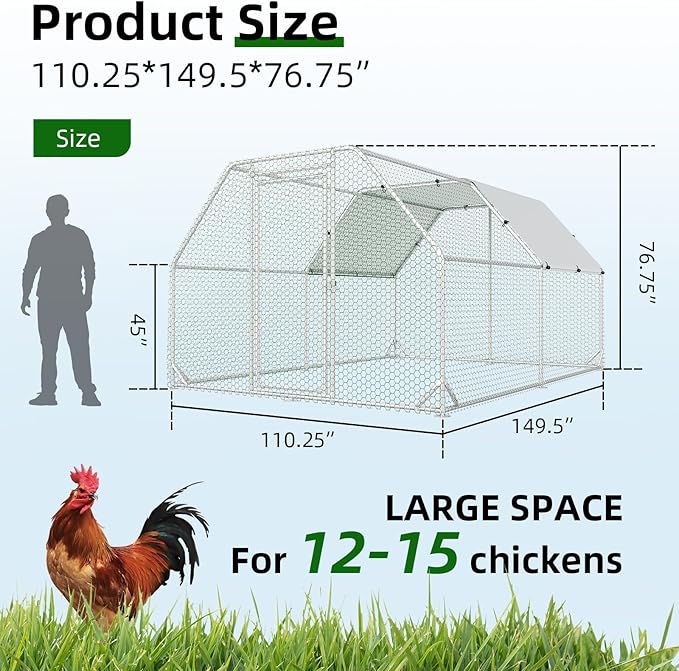 Large Metal Chicken Coop, Walk-in Chicken Run with Reinforced Wire Mesh, Water-Resistant & Anti-UV Cover, Poultry Cage for Hens, Ducks and Rabbits, Outdoor Backyard Farm Pen（9.2’Lx12.47’Wx6.4’H）