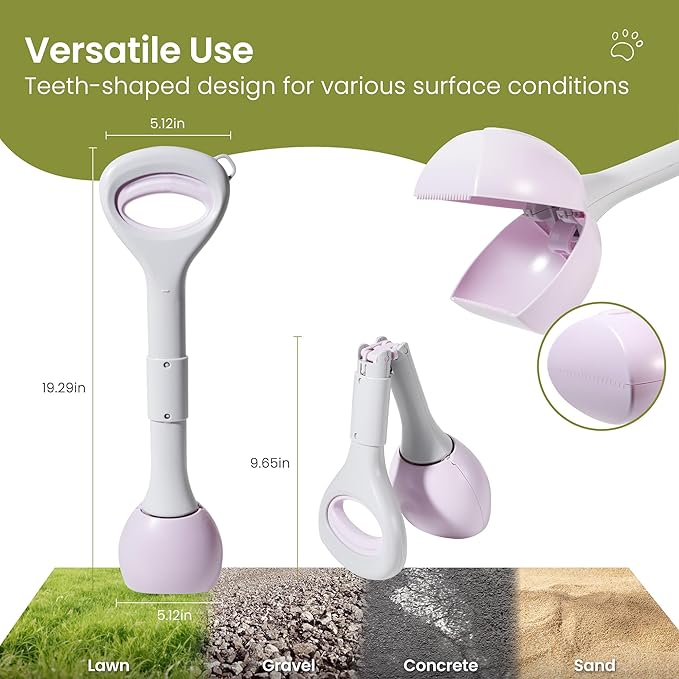 Dog Pooper Scooper Portable with Bag Attachment, One Handed Foldable Design, Includes 120 Waste Bags and Dispenser, 19 Inch Handle for Grass Yard Gravel Cleanup (Purple)