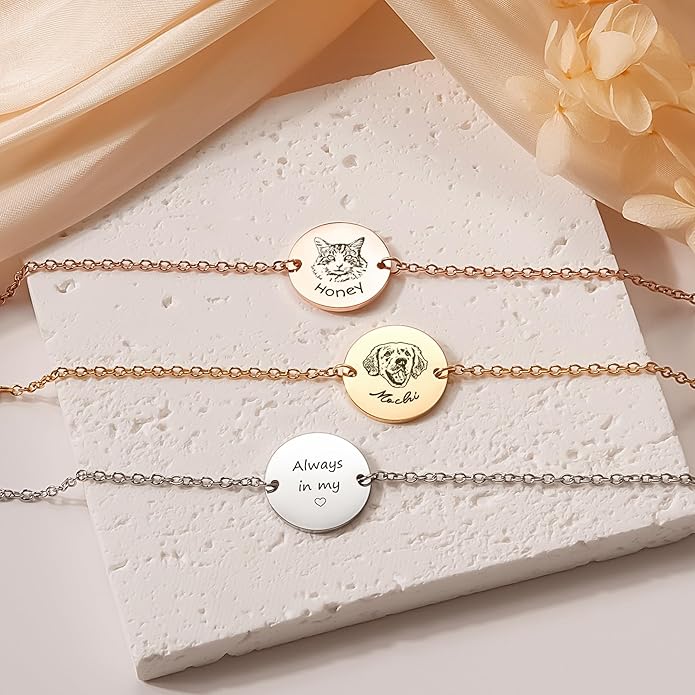Anavia Personalized Pet Portrait Bracelet, Handmade Engraved Stainless Steel Round Disc Bracelet, Sketch Style Photo Pet Memorial Jewelry Gift for Animal Cat Dog Lovers