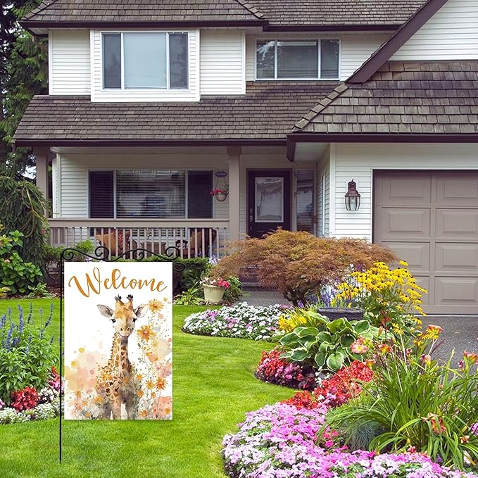 Giraffe Welcome Garden Flag,Welcome Spring Cute Giraffe Garden Flag,Pet Wild Cartoon Animals Quote Birthday Yard Outdoor Decor.12x18 inch