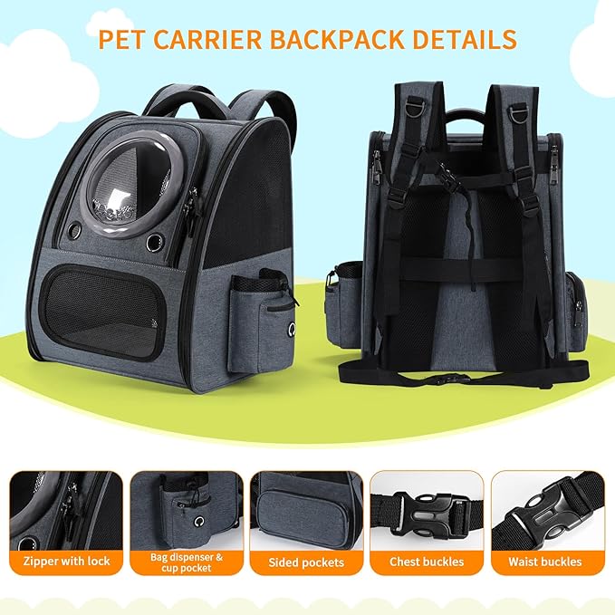 Bubble Cat Backpack Carrier, Expandable Cat Carrier Backpack,Breathable Pet Backpack for Medium Cat,Kitten and Small Puppy, Large Space,Portable Bags Foldable Dog Backpack for Traveling,Hiking(Grey)