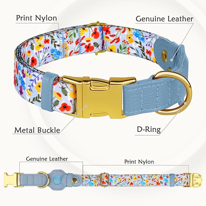 AirTag Dog Collar for Small Medium Large Breed - Adjustable Cute Pattern Dog Collar with Airtag Holder - Soft Leather Tracker GPS Apple Air Tag Pet Collars (Large, 17"-21" Neck Fit, Floral)