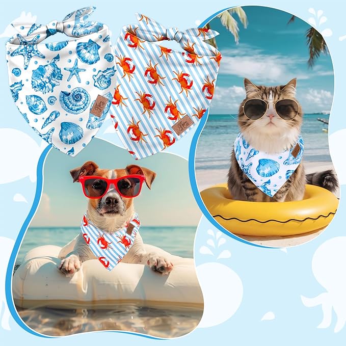 JarThenaAMCS 2Pcs Sea Dog Bandana Summer Ocean Animal Theme Triangle Pet Scarf Double-Sided Adjustable Pet Neckerchief for Hawaii Beach Party Decor Small Medium Large Dog Costume Accessories