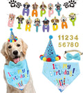 Dog Birthday Decorations,Puppy Birthday Party Outfits, Birthday Hat,Bow Tie,Bandana,Happy Birthday Banner,Pet Theme Suit Apparel & Accessories for Boy Golden Doodle Teddy Husky Labrador(4PCS Blue)