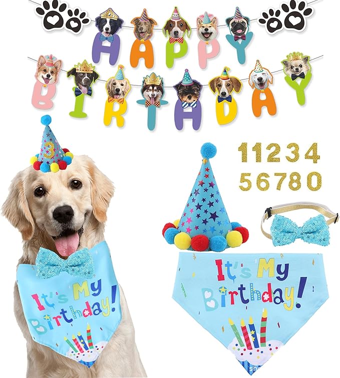 Dog Birthday Decorations,Puppy Birthday Party Outfits, Birthday Hat,Bow Tie,Bandana,Happy Birthday Banner,Pet Theme Suit Apparel & Accessories for Boy Golden Doodle Teddy Husky Labrador(4PCS Blue)