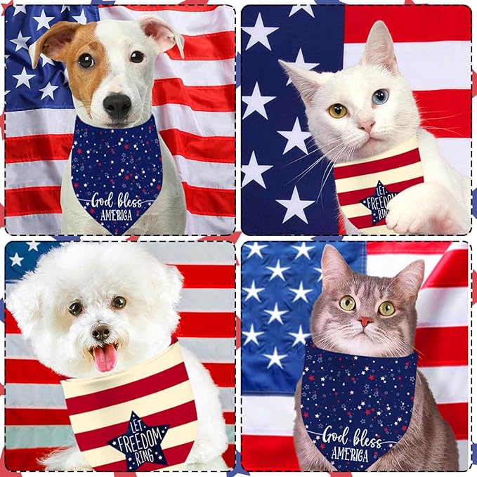 4th of July Dog Bandanas, Patriotic Party Pet Decorations 2 Pack, Adjustable Independence Day Holiday Bandana American Flag Triangle Bibs Cat Scarf Set