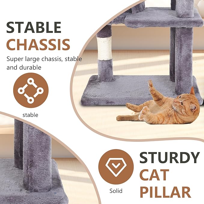 FDW | 36" Cat Tree Tower | Light Gray | Multi-Level Indoor Activity Center with Sisal Scratching Posts, Condos, Plush Perches, Hanging Cat Toys | Sturdy, Easy to Assemble | for Kittens & Adult Cats