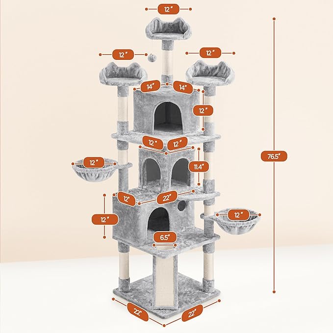 Yaheetech 76.5in Multi-Level Large Cat Tree, Big Cat Tower with 3 Condos, Cozy Plush Perches, 9 Sisal Scratching Posts and Ladder, Activity Center for Large Kitties, Light Gray