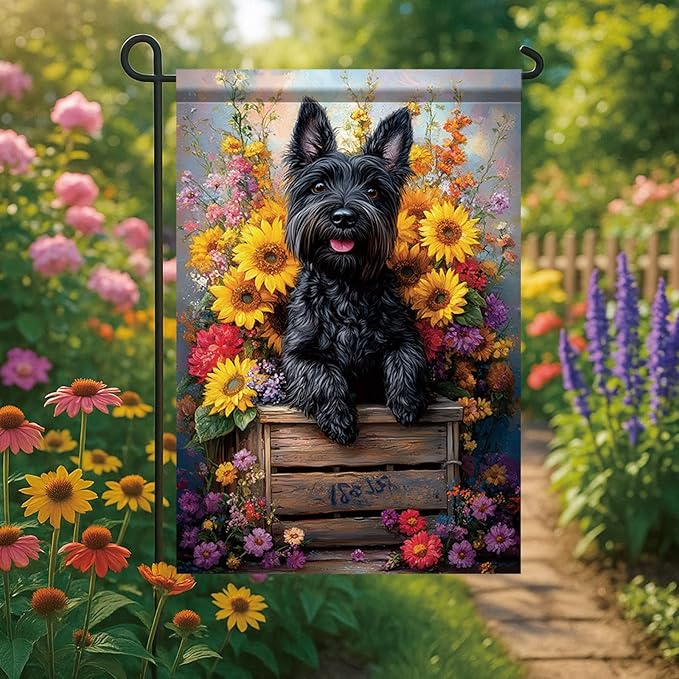 Garden Flag Black Terrier Dog with Sunflowers Floral Crate Yard Banner 12x18 Inch Double Sided Seasonal Spring Summer Outdoor Decoration for Porch Lawn Patio Outside House Dog Lover Gift