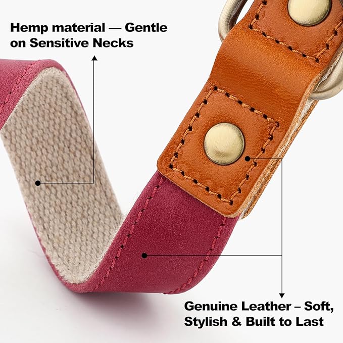 Plutus Pet Genuine Leather & Hemp Dog Collar – Adjustable Heavy Duty Pet Collar with Quick Release Metal Buckle, Soft & Stylish for Puppy and Small, Medium, Large Dogs (Burgundy, S)