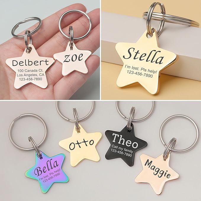 Anavia Personalized Pet ID Tags, Stainless Steel Glossy Laser Engraved Dog Cat Collar Name Tags, Multiple Colors Shapes Sizes (Star, Small)
