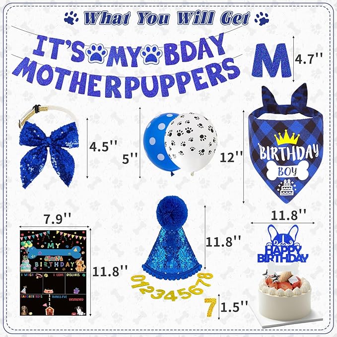 Blue Dog Birthday Party Supplies Pet Birthday Bandanas Boy Doggy Birthdays Hat Bow Tie Greeting Card Numbers It's My Bday Mother Puppers Sign Banner for Medium Large Pets