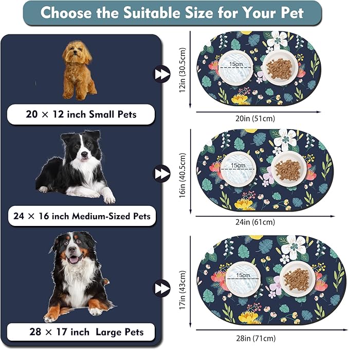 20''x12'' Absorbent Cat Feeding Mat, Pet Water Mats Protect Floor, No Stains Quick Dry Pet Placemats for Food and Water Bowl, Non-Slip Base Cats Bowl Mats for Messy Drinkers, Dark Blue Floral