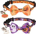 ADOGGYGO Halloween Cat Collars with Bow Bell, Breakaway Kitten Collar with Bowtie Pumpkin Ghost Halloween Collar for Girl Boy Cats Kittens