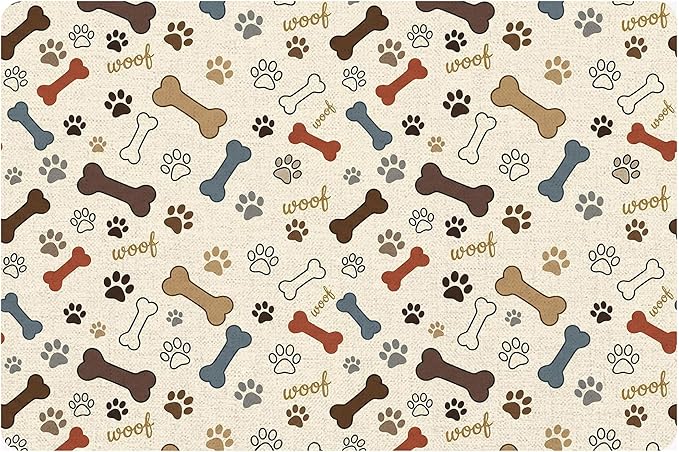 Dog Feeding Mat 24 x 16 Inch, Neutral Paw Bone Woof Dog Placemat Absorbent Quick-Dry for Food and Water, Waterproof Non Slip Rubber Pet Bowl Pad Mat for Floors