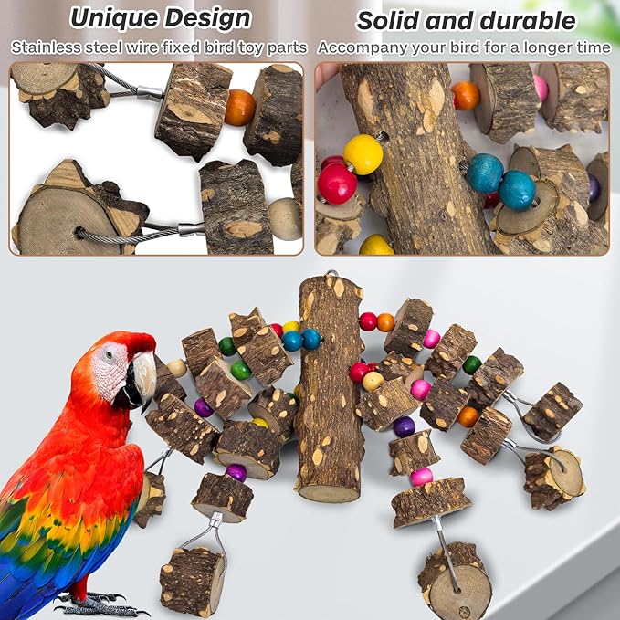 PINVNBY Wood Parrot Toys for Large Birds, Wire Link Durable Macaw Toys Extra Large Natural Wooden Blocks Chew Toy for African Grey Macaws Cockatiels Eclectus