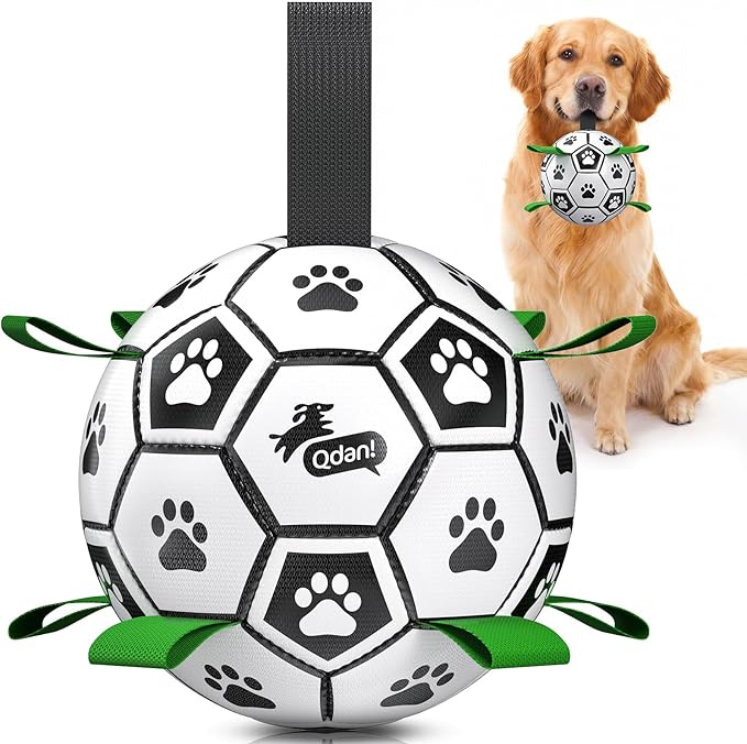 QDAN Large Dog Toys, 8 Inch Soccer Ball for Dogs with Straps, World Cup Interactive Toys for Tug of War, Puppy Birthday Gifts, Water Toy, Durable Dog Balls for Medium Large