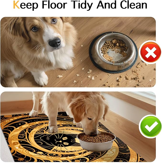Cat Feedings Mats 20x12 inch Golden Cat Print Pet Bowl Placemat Non Slip Mat for Cats Food and Water Indoor Kitty Feeding Station Elegant Cats Meal Mat for Small Pets Kitchen Floor Use