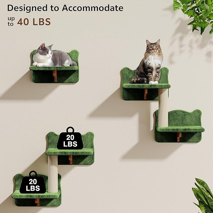 13-in-1 Cat Wall Shelves, Wall Mounted Cats Furniture Set with Plush Fabric, Cat Climbing Wall Systems, Cats Shelf with Moon Hammock, Condo, House, Step, Bridge Ladder, Scratching Post, Green