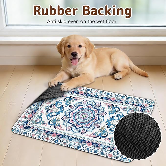 Dog Food Mat for Bowls, Absorbent Quick Dry Dog Cat Mats for Food and Water, Non-Slip Backing Pet Mat Pet Supplies - Blue Vintage Floral Pattern