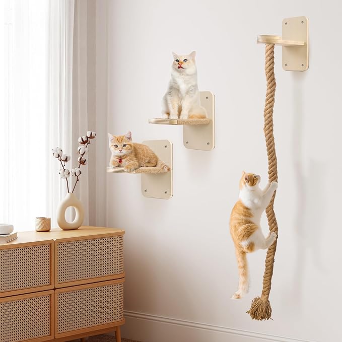 Cat Wall Shelves with 2 x 60 Inch Climbing Rope, Wall Mounted Cat Tree with Scratching Post Kitten Rope Ladder with Jumping Platform Wall Steps for Playing and Rest